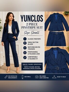 YUNCLOS Women’s Pinstripe 2 Piece Pantsuit Blazer & Pants Size Small